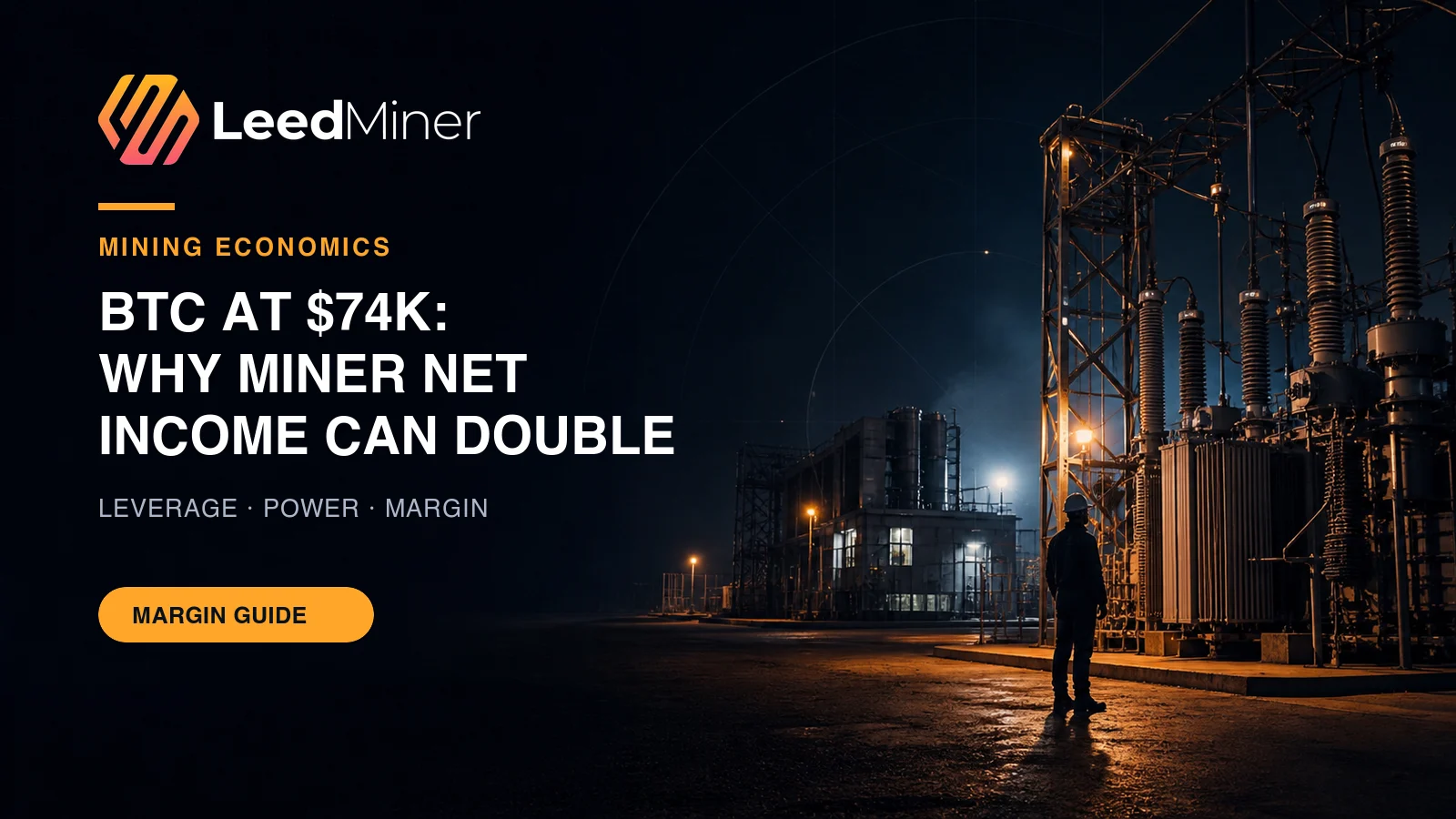 LeedMiner editorial cover showing utility switchgear and substation equipment for a Bitcoin mining margin analysis