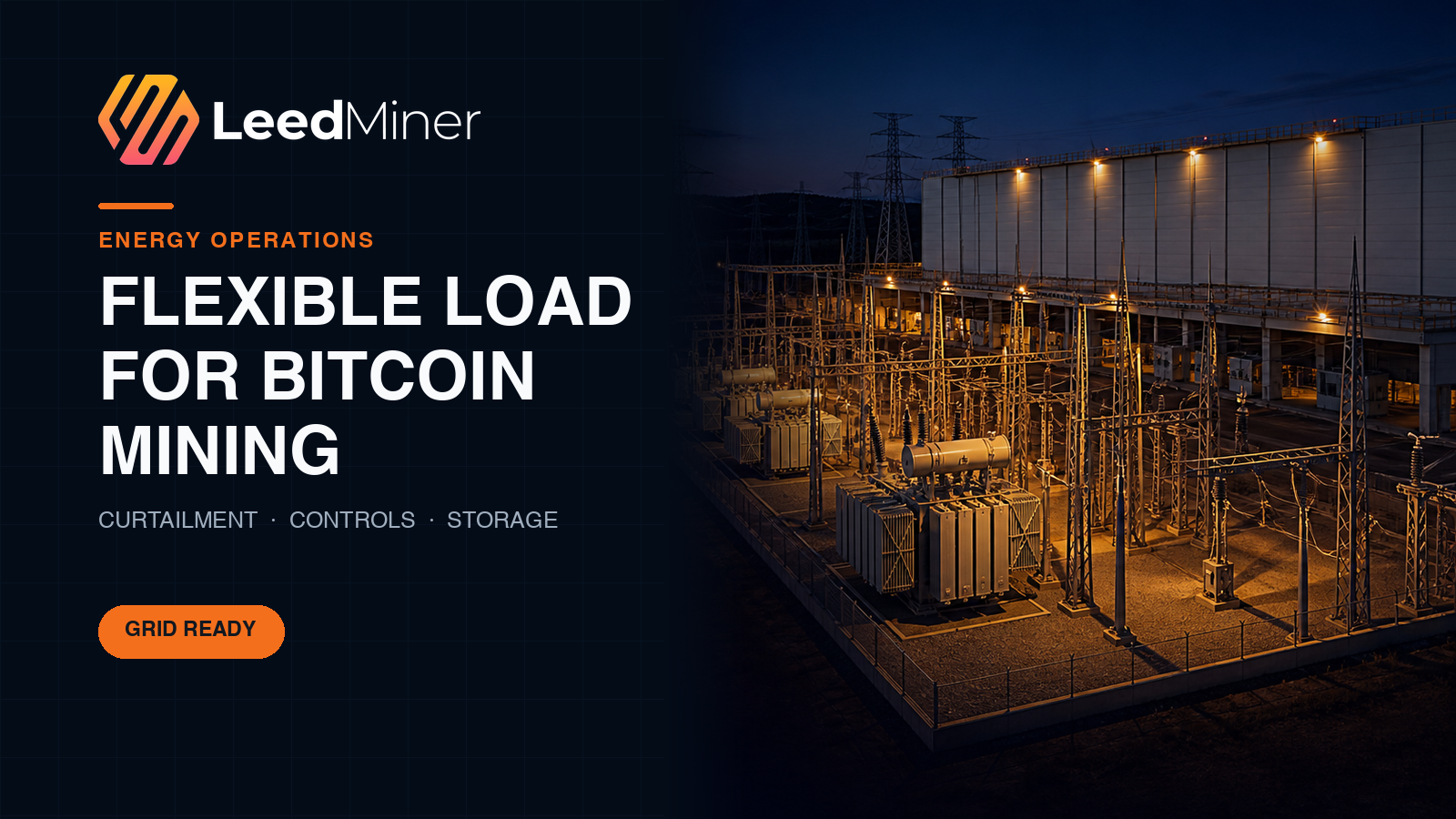 LeedMiner guide cover showing a utility substation and industrial computing facility for a discussion of Bitcoin mining as controllable grid load
