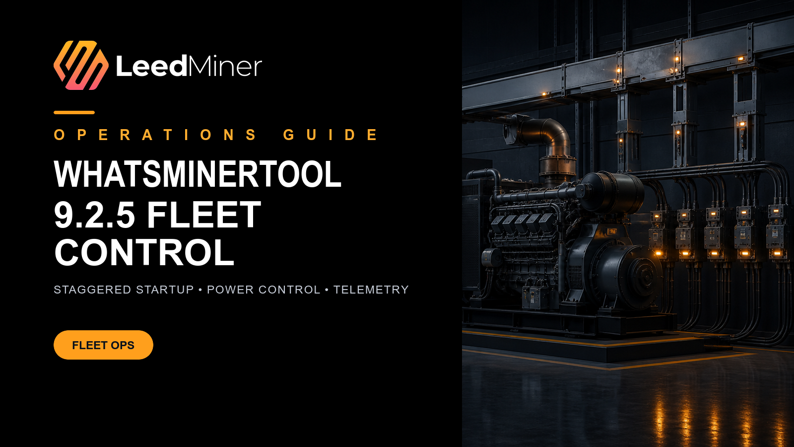 Dark LeedMiner editorial poster showing generator and electrical distribution equipment for WhatsMiner fleet restart control