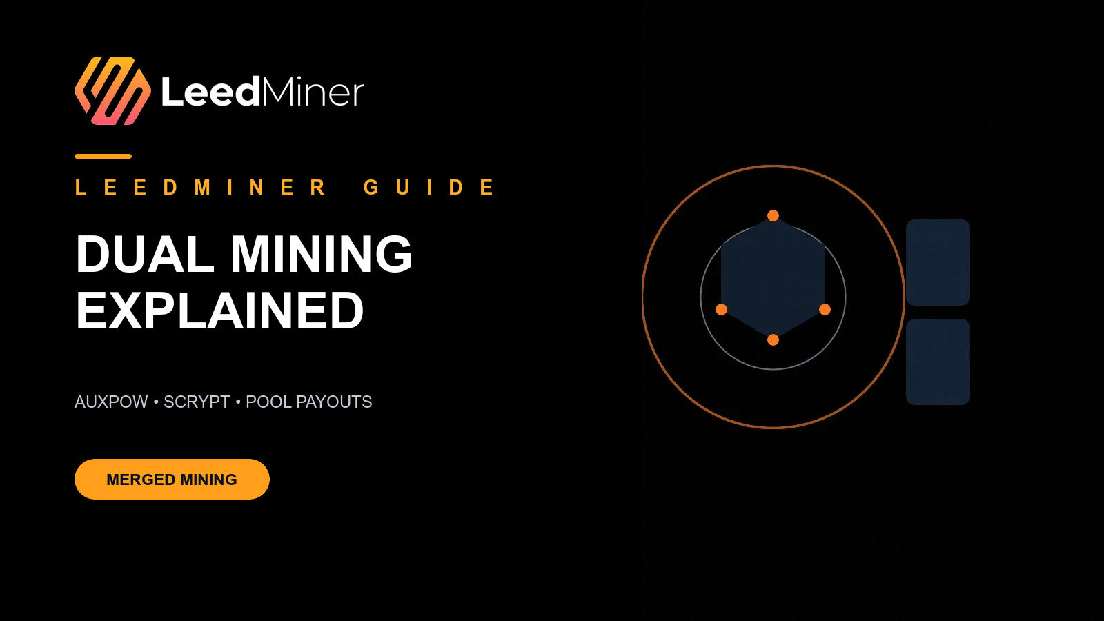 LeedMiner editorial poster illustrating one proof-of-work core connected to two validation branches