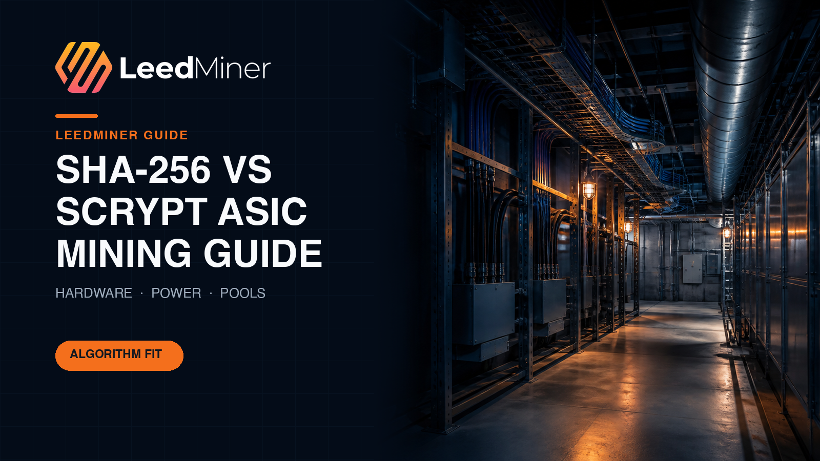 Dark LeedMiner editorial hero showing industrial power and ventilation infrastructure for a SHA-256 versus Scrypt ASIC mining guide