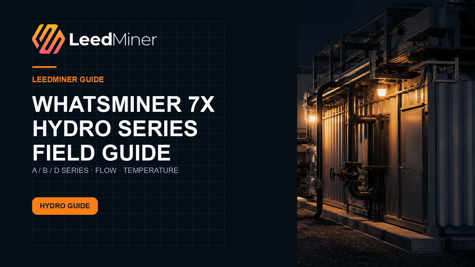 LeedMiner guide cover showing a modular hydro-cooling utility corridor for WhatsMiner 7X A, B and D series deployment