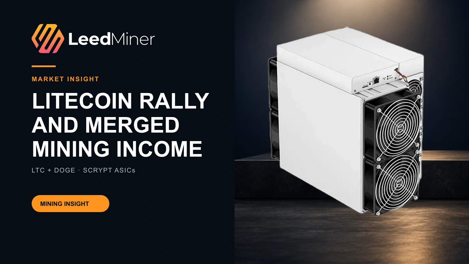 Litecoin and Dogecoin merged mining editorial cover featuring the approved Antminer L9 catalog photograph