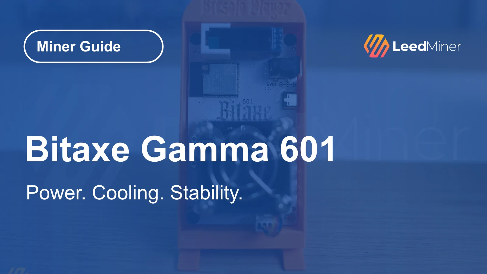 Approved Bitaxe Gamma 601 photograph as a blue-toned background with the LeedMiner guide title
